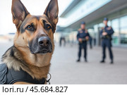 Customs dog at the airport in front of the border guards. Стоковое AI-изображение, AI-художник Евгений Харитонов / Фотобанк Лори