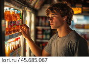 The young man chooses drinks in the refrigerator of the store. Стоковое AI-изображение, AI-художник Ярославский Максим / Фотобанк Лори