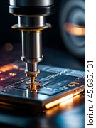 Close-up of silicon die being removed from wafer and attached to substrate with laser welding of semiconductors. Substrate using welds device. Electronic high-tech industry concept. Copy ad text space. Стоковое AI-изображение, AI-художник Aleksandr Golubev / Фотобанк Лори