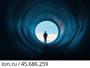 Вид из огромной трубы на силуэт человека. Стоковое AI-изображение, AI-художник Александр Жуков / Фотобанк Лори