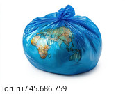 Planet pollution is a pressing modern problem, vividly shown in the photograph. The globe wrapped in a garbage bag is a cry for help, a call to action to protect the environment. Стоковое AI-изображение, AI-художник Ярославский Максим / Фотобанк Лори