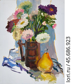 Autumn still life with asters bouquet in a mug. Oil painting on canvas by artist Inna Prityazhnyuk. Стоковая иллюстрация, иллюстратор Сергей Пристяжнюк (Serg Zastavkin) / Фотобанк Лори