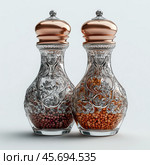 Unique glass containers for spices filled with colorful seasonings and herbs. Стоковое AI-изображение, AI-художник Юлия Гапеенко / Фотобанк Лори
