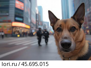 Police dog close-up against the background of a big city street. Стоковое AI-изображение, AI-художник Евгений Харитонов / Фотобанк Лори