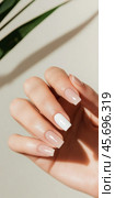 Elegant manicure closeup with neutral color nail polish, quiet luxury style. Стоковое AI-изображение, AI-художник Анастасия Золотницкая / Фотобанк Лори