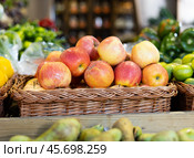 Red apple fruits are stacked in large and capacious boxes. Стоковое фото, фотограф Яков Филимонов / Фотобанк Лори