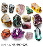 Variety of colorful crystals and stones isolated on white. Стоковое AI-изображение, AI-художник Иван Рябоконь / Фотобанк Лори