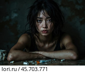 Image of a sickly looking young Asian woman against a destroyed background. AI generation. Стоковое AI-изображение, AI-художник Яна Застольская / Фотобанк Лори