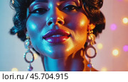 Glamorous woman shimmering in colorful lights with sparkling jewelry. Стоковое AI-видео, аниматор Sabyna75 / Фотобанк Лори