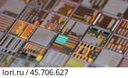 Silicon semiconductor wafer close-up. In electronics, a wafer also called a slice or substrate is a thin slice of semiconductor, a crystalline silicon, used for the fabrication of integrated circuits. Стоковое видео, видеограф Андрей Армягов / Фотобанк Лори
