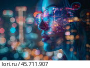 Woman wearing augmented reality glasses experiencing metaverse in a futuristic city. Стоковое AI-изображение, AI-художник Иван Рябоконь / Фотобанк Лори