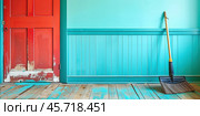 Brightly colored room with a broom against the wall in a home cleaning setting. Стоковое AI-изображение, AI-художник Ксения Лаптева / Фотобанк Лори