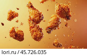 Grilled chicken legs, drumsticks falling in the air, isolated on yellow background, food concept. Crispy fried chicken nuggets levitation. Roast chicken strips, pieces flying in the air. Dynamic scene. Стоковое AI-видео, аниматор Марина Демидюк / Фотобанк Лори