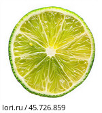 Juicy lime slice showing refreshing pulp and rind on white background. Стоковое AI-изображение, AI-художник Иван Рябоконь / Фотобанк Лори