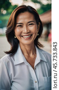 A cheerful woman in her fifties stands outside in Thailand, displaying a warm smile. She wears a light blouse and enjoys the vibrant atmosphere of her neighborhood. Generative AI. Стоковое AI-изображение, AI-художник Юлия Петровская / Фотобанк Лори