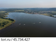 Южный Урал, Башкортостан, Нугушское водохранилище летом. Вид с воздуха. Southern Urals, Bashkortostan, Nugush reservoir in summer. Aerial view. Стоковое фото, фотограф Евгений Романов / Фотобанк Лори