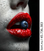Lips, bright lipstick, close-up. Beautiful face of young girl on black background. Стоковое AI-изображение, AI-художник Сергей Елизарьев / Фотобанк Лори
