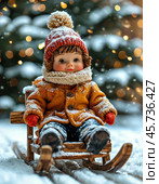 A cheerful toddler slides down a sled. Festive winter atmosphere. Стоковое AI-изображение, AI-художник Сергей Елизарьев / Фотобанк Лори