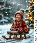 A cheerful toddler slides down a sled. Festive winter atmosphere. Стоковое AI-изображение, AI-художник Сергей Елизарьев / Фотобанк Лори