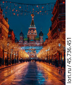 New Year's illumination on city streets. Pre-festive atmosphere, city ​​landscape. Стоковое фото, фотограф Сергей Елизарьев / Фотобанк Лори