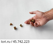 Hand holding colorful polyhedral dice on white surface for tabletop gaming. Стоковое фото, фотограф Lamina Akulova / Фотобанк Лори