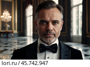 Portrait of handsome middle-aged man in black tuxedo and bow tie at luxury palace, strong looking at camera. Confident stylish businessman in tux. Fashionable festive image concept. Copy ad text space. Стоковое AI-изображение, AI-художник Aleksandr Golubev / Фотобанк Лори