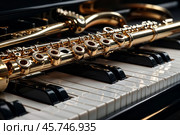 Close-up of gold flute on black white piano keys. Flute with piano, wind instrument for musical design of concert creativity. Music orchestra concert concept. Copy ad text space. Copy ad text space. Стоковое AI-изображение, AI-художник Aleksandr Golubev / Фотобанк Лори