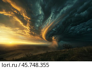 Supercell storm forming over plains at sunset, Стоковое AI-изображение, AI-художник Иван Рябоконь / Фотобанк Лори
