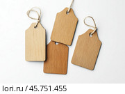 Label tag mockup. Wooden tag set hanging isolated on white background. Blank Gift or Price Tab with string cord knot. Price Label With Rope. Empty space for text. Price labeling or gift tagging. Sale. Стоковое AI-изображение, AI-художник Марина Демидюк / Фотобанк Лори