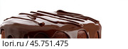 Whole Round Sacher torte wide long banner. Brown Chocolate famous Sachertorte cake with apricot jam on white background. Typical Austrian original brown sponge cake dessert with spreading cocoa glaze. Стоковое AI-изображение, AI-художник Марина Демидюк / Фотобанк Лори