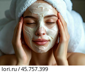 Spa treatments for the face, peeling face mask, skin care. Young woman with cream mask on her face. Close-up. Стоковое AI-изображение, AI-художник Сергей Елизарьев / Фотобанк Лори