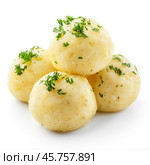 Boiled potatoes with parsley on white background. Стоковое AI-изображение, AI-художник Иван Рябоконь / Фотобанк Лори