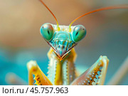 Colorful praying mantis showing its forelegs and large eyes. Стоковое AI-изображение, AI-художник Иван Рябоконь / Фотобанк Лори