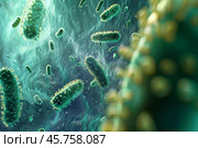 Microscopic view of bacteria and viruses floating in a green liquid. Стоковое AI-изображение, AI-художник Иван Рябоконь / Фотобанк Лори