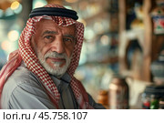 Confident senior merchant wearing keffiyeh posing in his shop. Стоковое AI-изображение, AI-художник Иван Рябоконь / Фотобанк Лори