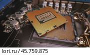 Close-up of CPU Chip Computer Central Processor. Modern computer technology concept. Стоковое видео, видеограф Андрей Армягов / Фотобанк Лори