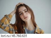 Девушка с головной болью. Стоковое AI-изображение, AI-художник Александр Жуков / Фотобанк Лори
