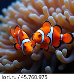 Clown fish or Clown anemonefish, Amphiprion bicolor, in natural habitat. Стоковое AI-изображение, AI-художник Евгений Ткачёв / Фотобанк Лори
