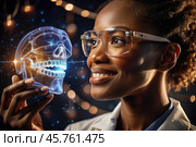 New digital artificial intelligence technologies in dental prosthetics. Implants. A black female dentist with a perfect smile and digital dental graphics on a virtual screen. The concept of dental health and dental care. Стоковое AI-изображение, AI-художник Photojuli / Фотобанк Лори