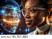 New digital artificial intelligence technologies in dental prosthetics. Implants. A black female dentist with a perfect smile and digital dental graphics on a virtual screen. The concept of dental health and dental care. Стоковое AI-изображение, AI-художник Photojuli / Фотобанк Лори