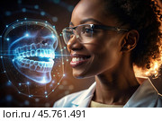 New digital artificial intelligence technologies in dental prosthetics. Implants. A black female dentist with a perfect smile and digital dental graphics on a virtual screen. The concept of dental health and dental care. Стоковое AI-изображение, AI-художник Photojuli / Фотобанк Лори