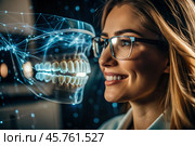 New digital artificial intelligence technologies in dental prosthetics. Implants. A female dentist with a perfect smile and digital dental graphics on a virtual screen. Стоковое AI-изображение, AI-художник Photojuli / Фотобанк Лори