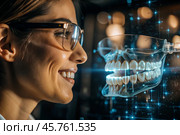 New digital artificial intelligence technologies in dental prosthetics. Implants. A female dentist with a perfect smile and digital dental graphics on a virtual screen. Стоковое AI-изображение, AI-художник Photojuli / Фотобанк Лори