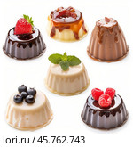 Delicious puddings decorated with fruits and mint showing variety of flavors. Стоковое AI-изображение, AI-художник Иван Рябоконь / Фотобанк Лори