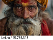 Indian sadhu wearing turban and showing tilak mark on forehead. Стоковое AI-изображение, AI-художник Иван Рябоконь / Фотобанк Лори