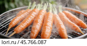 Steaming fresh carrots on a grill, healthy outdoor cooking. Стоковое AI-изображение, AI-художник Юрий Поздников / Фотобанк Лори