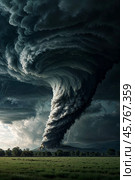 Massive tornado backdrop, huge cyclone, scene apocalyptic feeling. Thunderstorm landscape of natural disaster, nature scenery. Global earth ecology problem, climate change concept. Copy ad text space. Стоковое AI-изображение, AI-художник Aleksandr Golubev / Фотобанк Лори