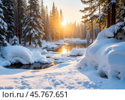 Восход солнца. Зимний пейзаж с незамерзающим ручьем. Sunrise. Winter landscape with unfrozen stream. Стоковое AI-изображение, AI-художник Гер Олег / Фотобанк Лори