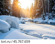 Восход солнца. Зимний пейзаж с незамерзающим ручьем. Sunrise. Winter landscape with unfrozen stream. Стоковое AI-изображение, AI-художник Гер Олег / Фотобанк Лори