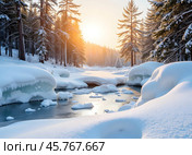 Восход солнца. Зимний пейзаж с незамерзающим ручьем. Sunrise. Winter landscape with unfrozen stream. Стоковое AI-изображение, AI-художник Гер Олег / Фотобанк Лори